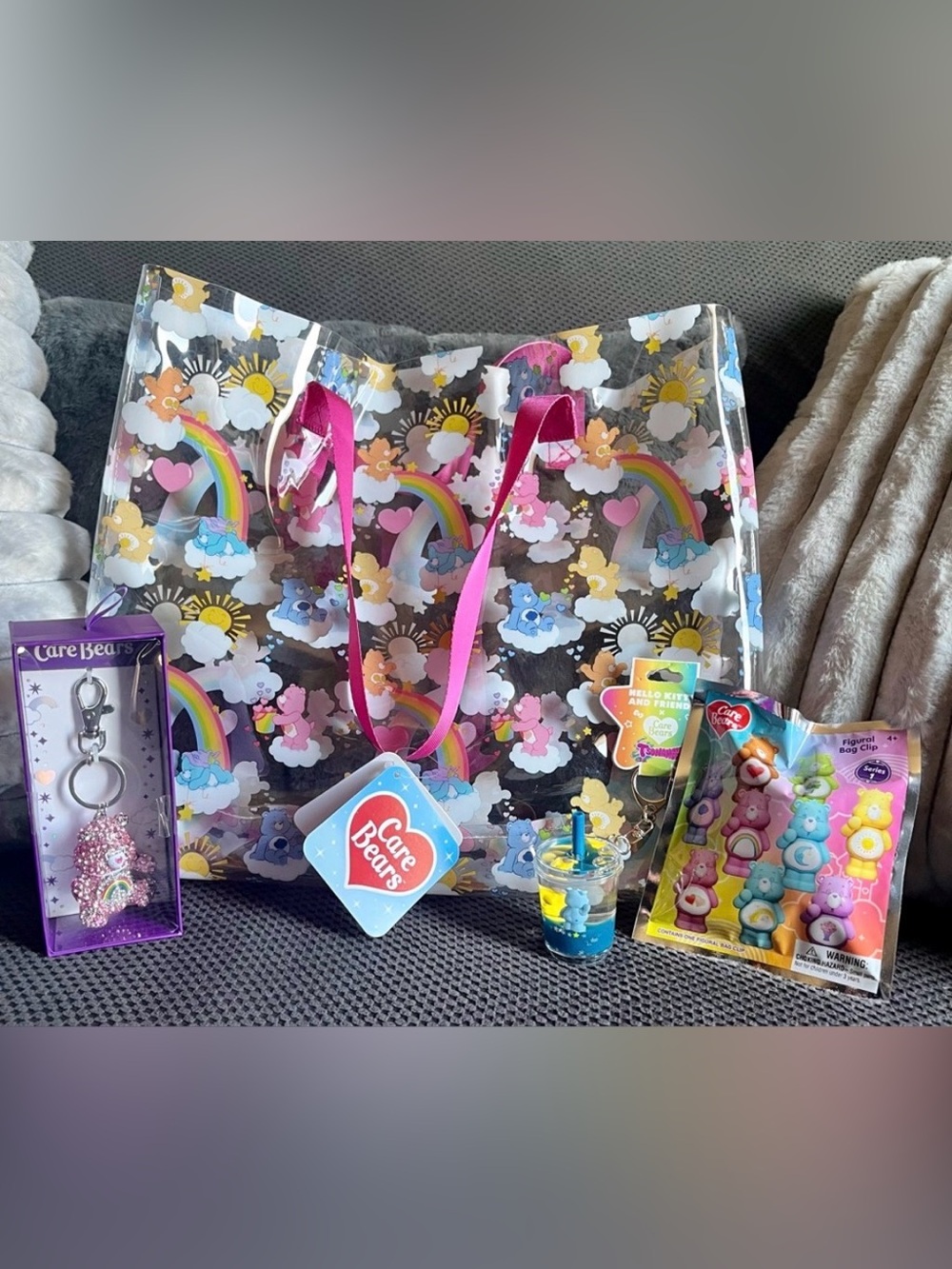 NWT CARE BEARS THICK SEE THROUGH BAG & CARE BEAR BUNDLE INSIDE! $30 BAG CHARM &